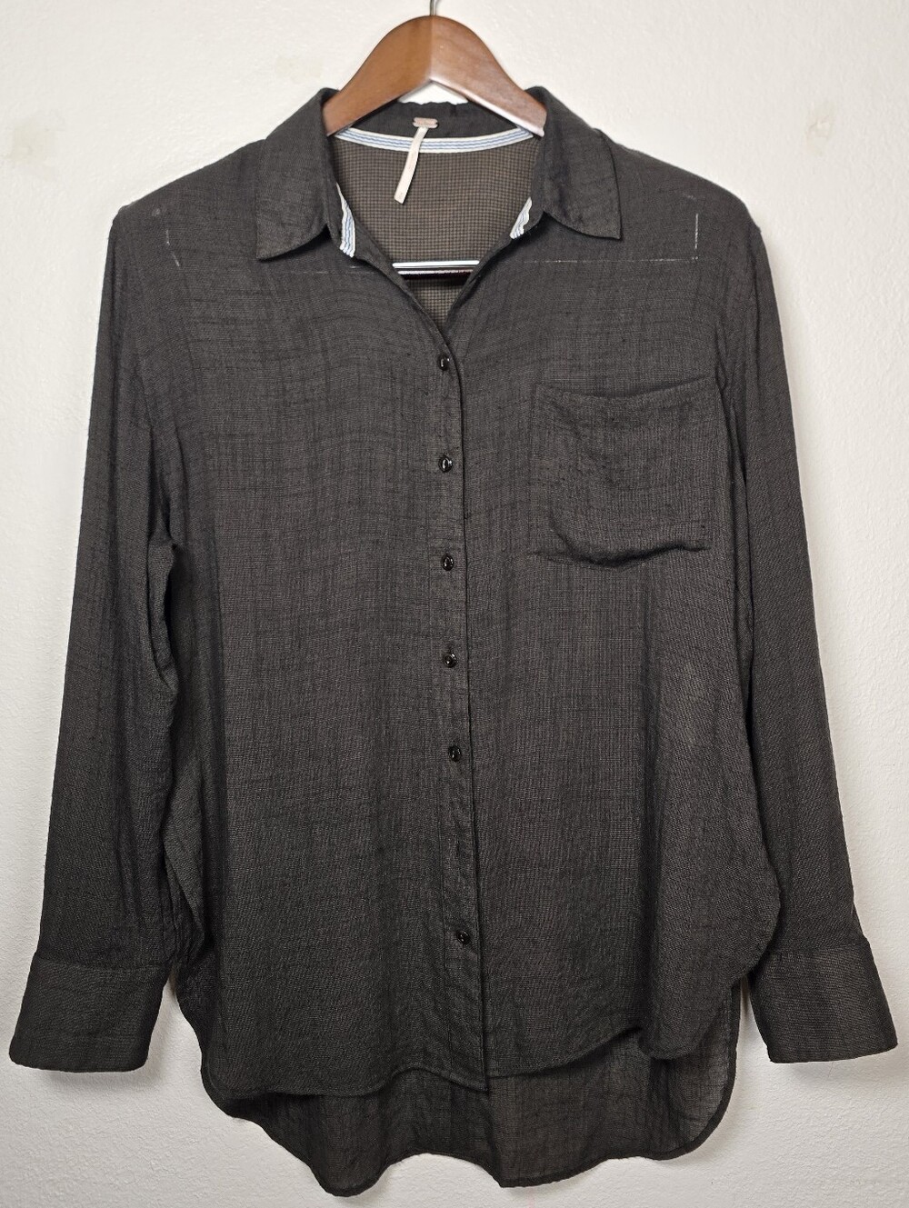 Free People Charcoal Brown Slub Knit Button Down High-Low Tunic Shirt Size M
